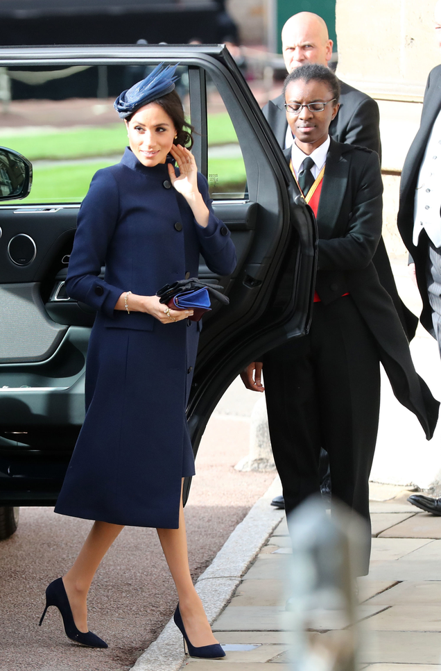 Meghan, Duchess of Sussex arrives ahead of the wedding of Princess Eugenie of York to Jack Brooksbank at Windsor Castle on Oct. 12, 2018 in Windsor, England.
